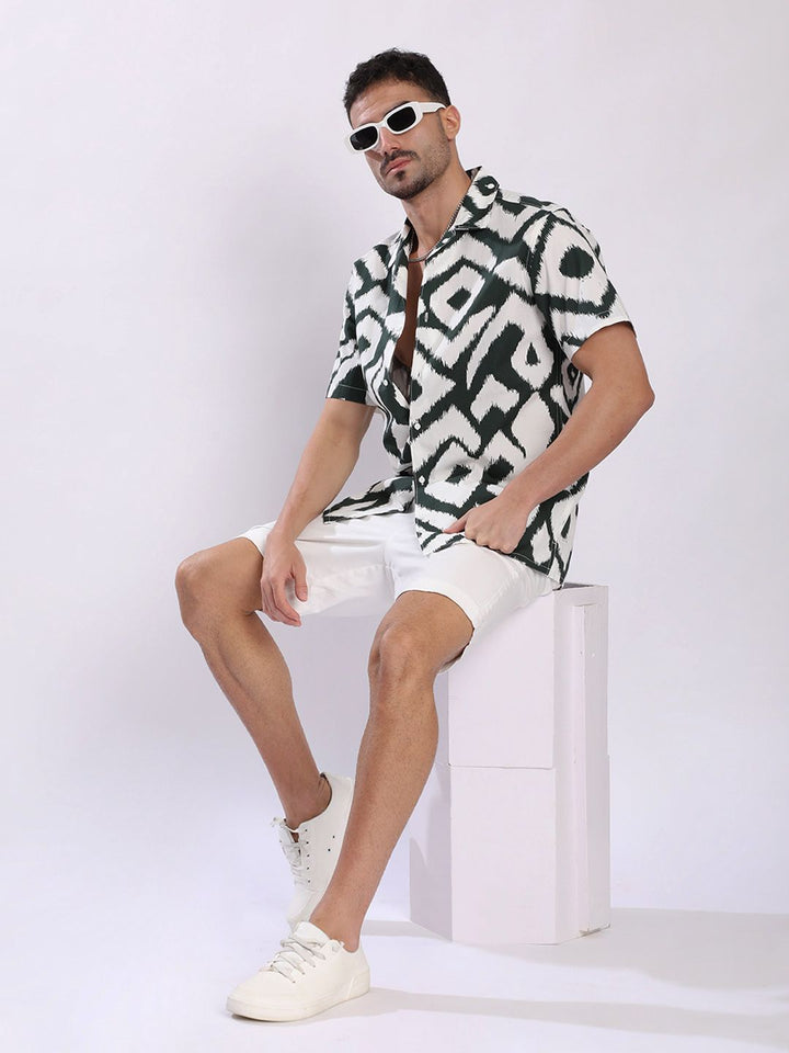 Bene Kleed Men Geometric Printed Cuban Collar Cotton Casual Shirt