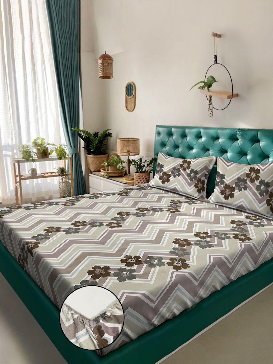 KLOTTHE Beige Floral Printed Dilengkapi Cadar Katil King 300 TC Dengan 2 Sarung Bantal- 250X225 cm