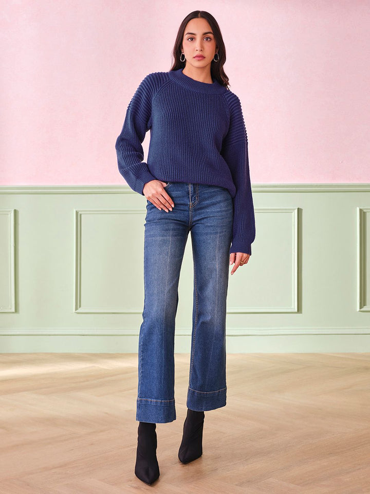 AND Women Self Design Round Neck Long Sleeves Top