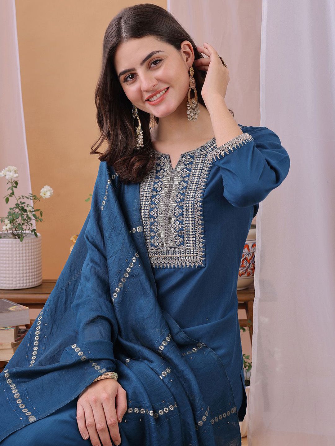 KALINI Women Woven Design Embroidered Kurta with Trousers & Dupatta