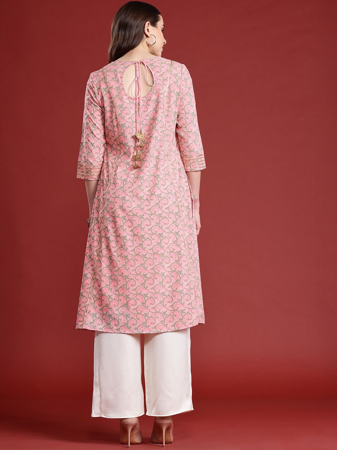 Anouk Floral Printed Back Tie-Up Embellish Detail Kurta