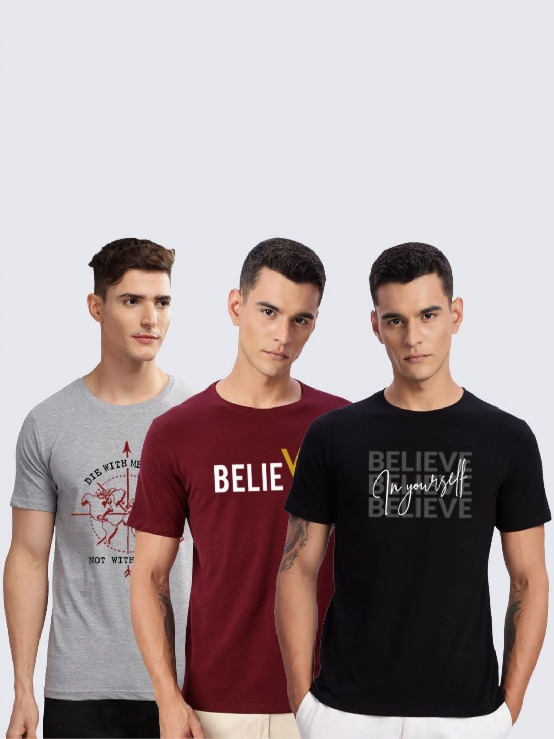 ADRO Men Pack Of 3 Printed Round Neck Slim Fit Cotton T-shirt