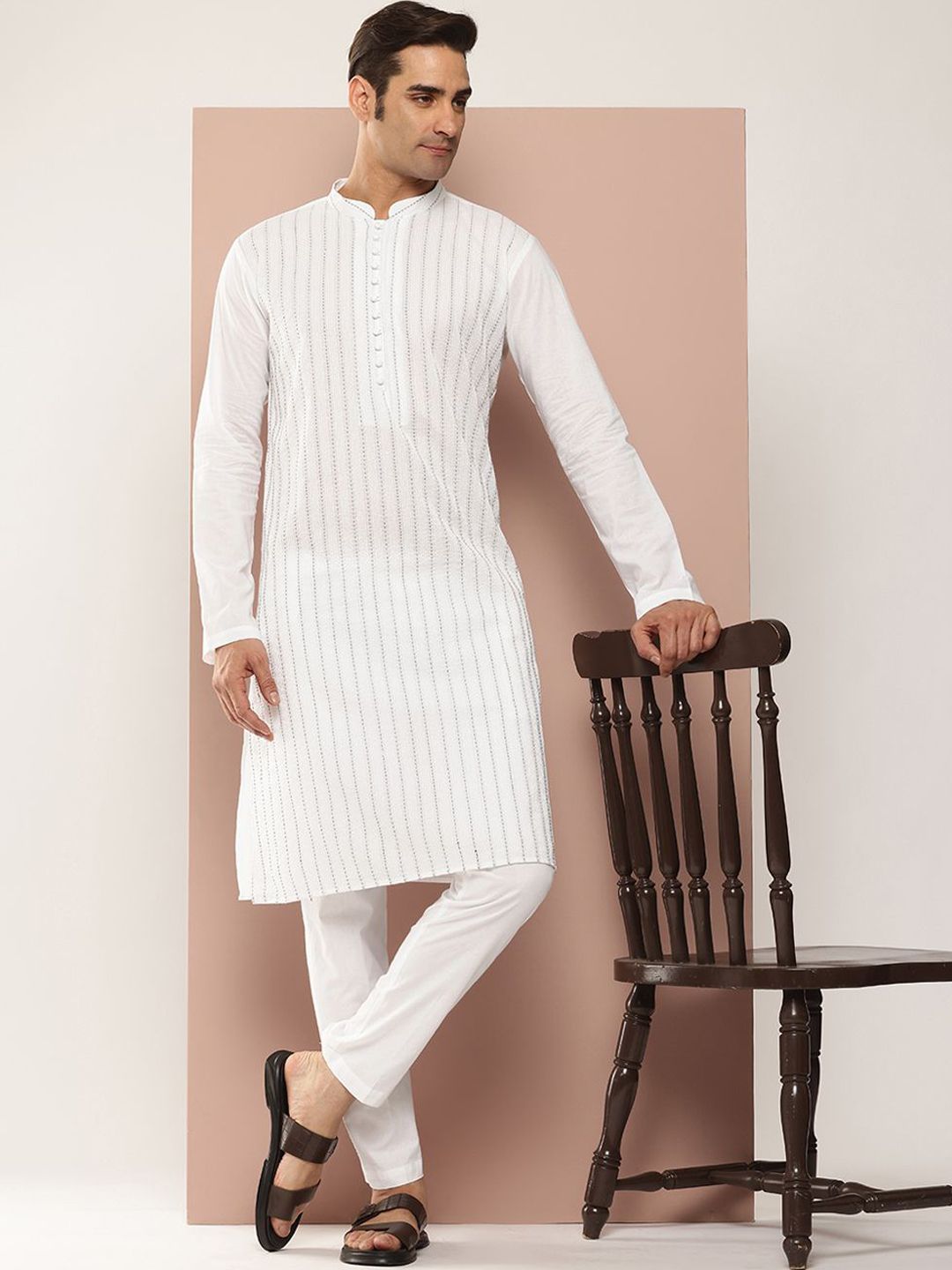 See Designs Mandarin Collar Striped Embroidered Kantha Work Pure Cotton Straight Kurta