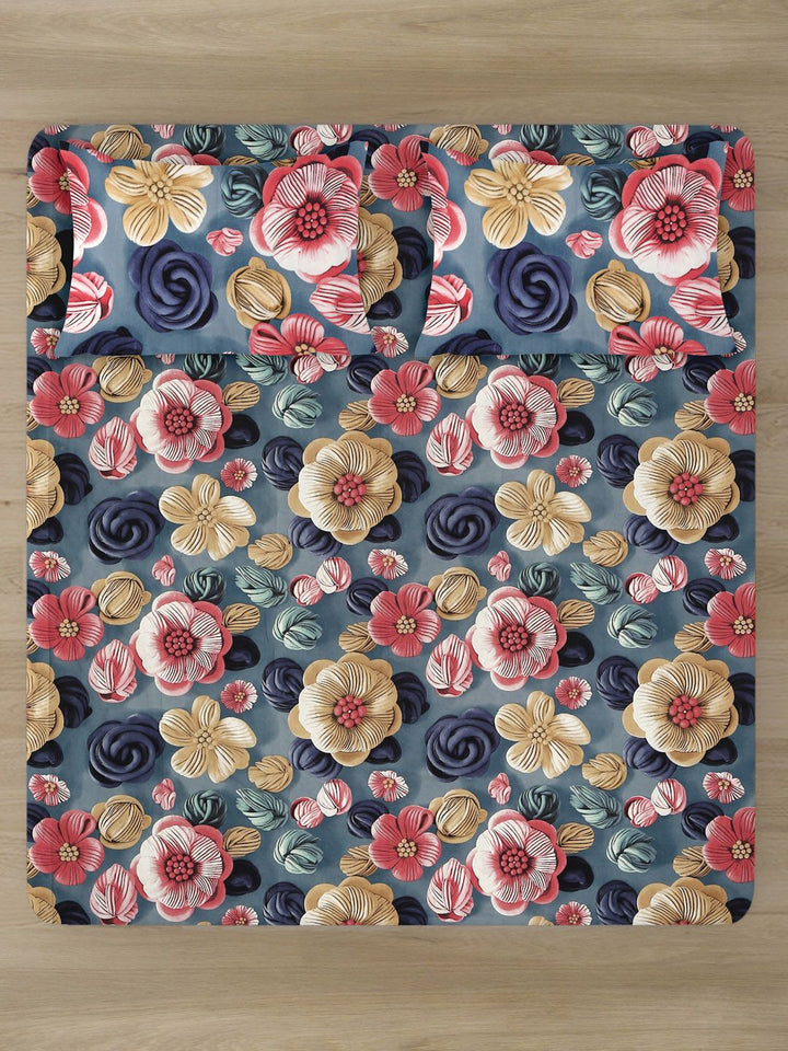 KLOTTHE Blue & Pink Floral 300-Thread Count 7D-King Size Bedsheet With 2-Pillow Covers