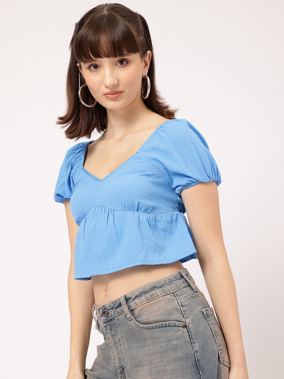 DressBerry Dollface Chic Seersucker Sweetheart Neck Empire Crop Top
