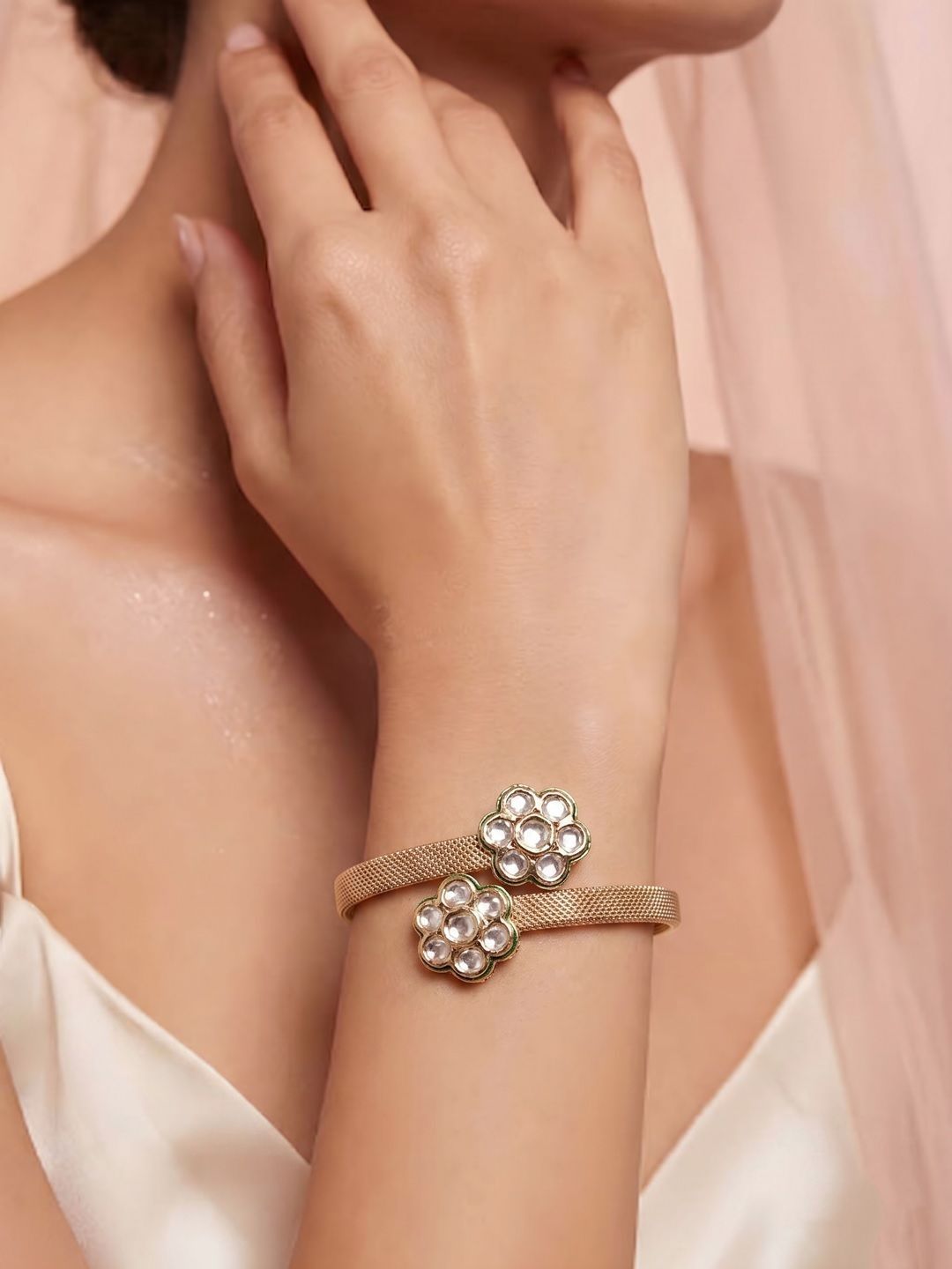 PANASH Gold-Plated Artificial Stones Studded Cuff Bracelet
