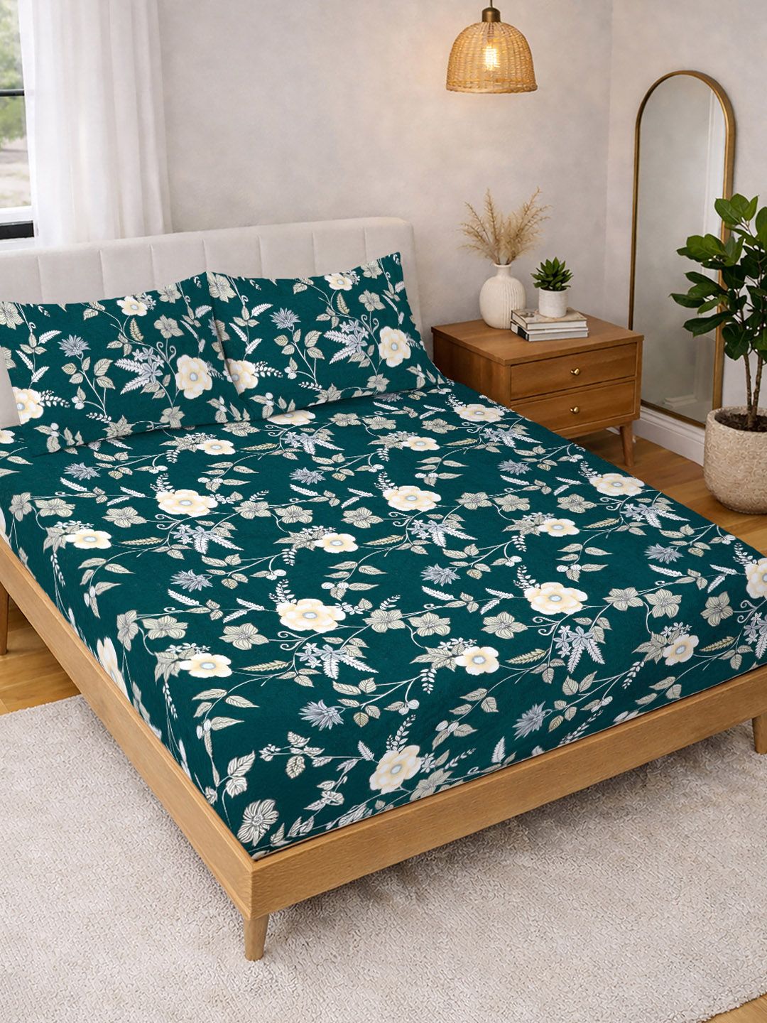 KLOTTHE Hijau & Putih Bercetak 300 TC Cadar Katil Double Dengan 2 Sarung Bantal- 2.5 m x 2.25 m