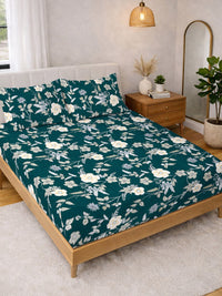 KLOTTHE Green & White Printed 300 TC Double Bedsheet With 2 Pillow Covers- 2.5 m x 2.25 m