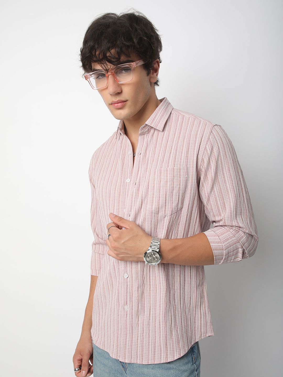 VASTRADO Men Classic Spread Collar Textured Slim Fit Casual Shirt