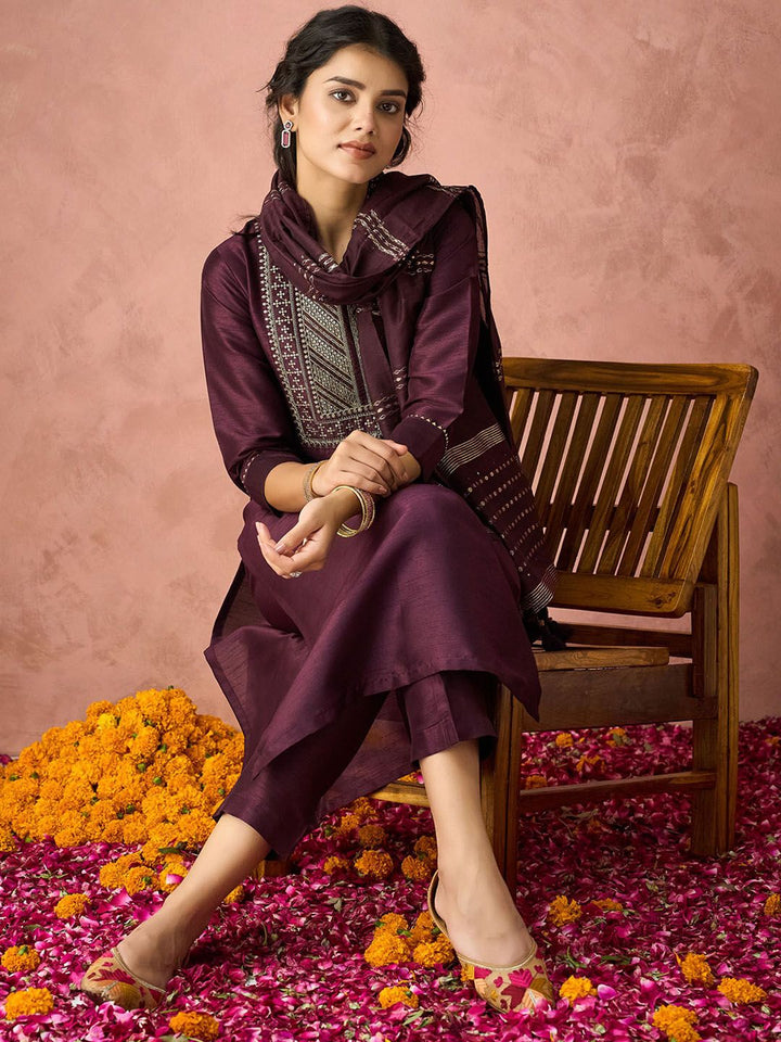 KALINI Floral Yoke Design Sequinned Straight Kurta with Trousers & Dupatta