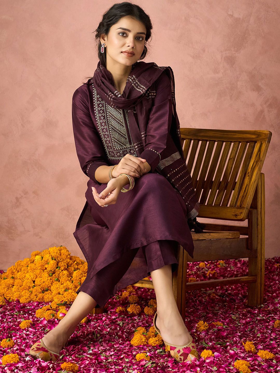 KALINI Floral Yoke Design Sequinned Straight Kurta with Trousers & Dupatta