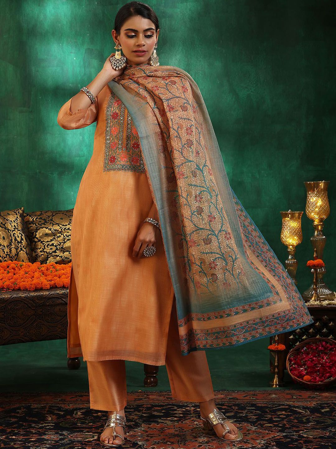 Libas Women Yoke Design Regular Beads and Stones Kurta with Trousers & With Dupatta
