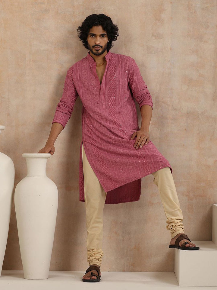 House of Chikankari Men Mauve Rayon Sulam Kurta