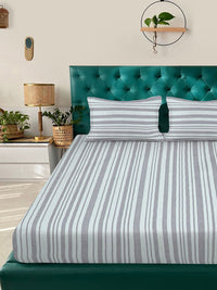 Aura Grey & Off White Striped 300 TC Fitted King Bedsheet Set 2.5 x 2.25 m