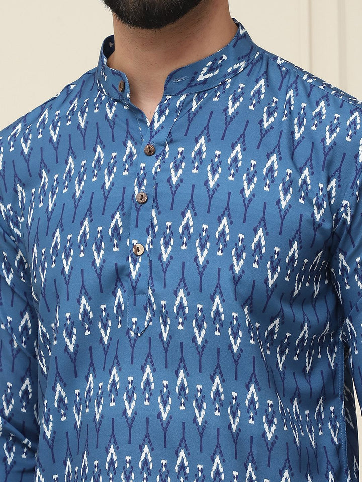 SOJANYA Ethnic Motifs Printed Band Collar Neck Roll-Up Sleeves Pure Cotton Kurta