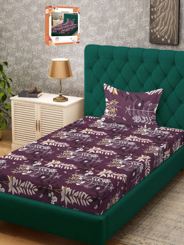 Myntra Elegant Homes Purple Floral Cotton 300 TC Single Fine Bedsheet with a Pillow Cover-87 x 59 inches