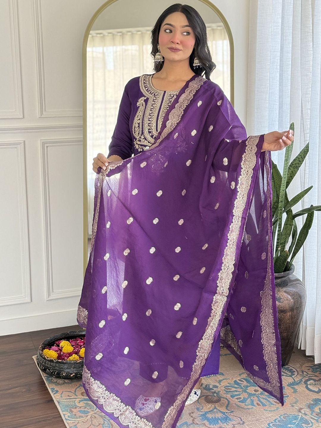 KALINI Ethnic Motifs Yoke Design Pure Silk Straight Kurta With Trousers & Dupatta