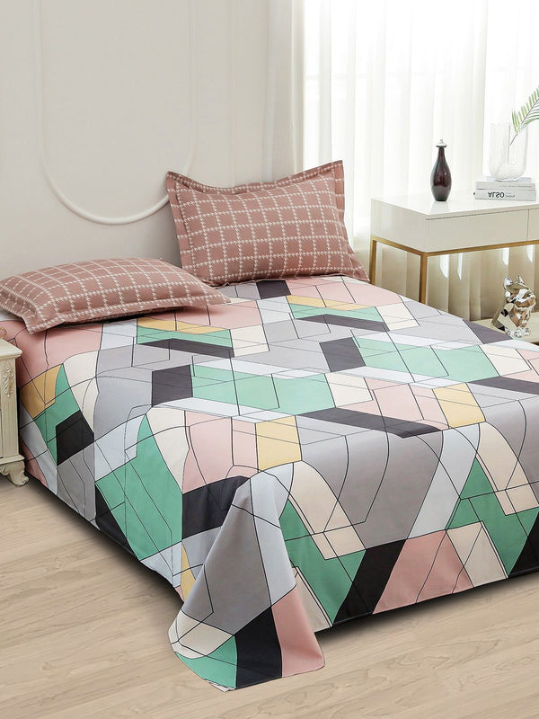 Story@home Green Geometric Printed 240 TC Satin Finish Queen Bedsheet Set
