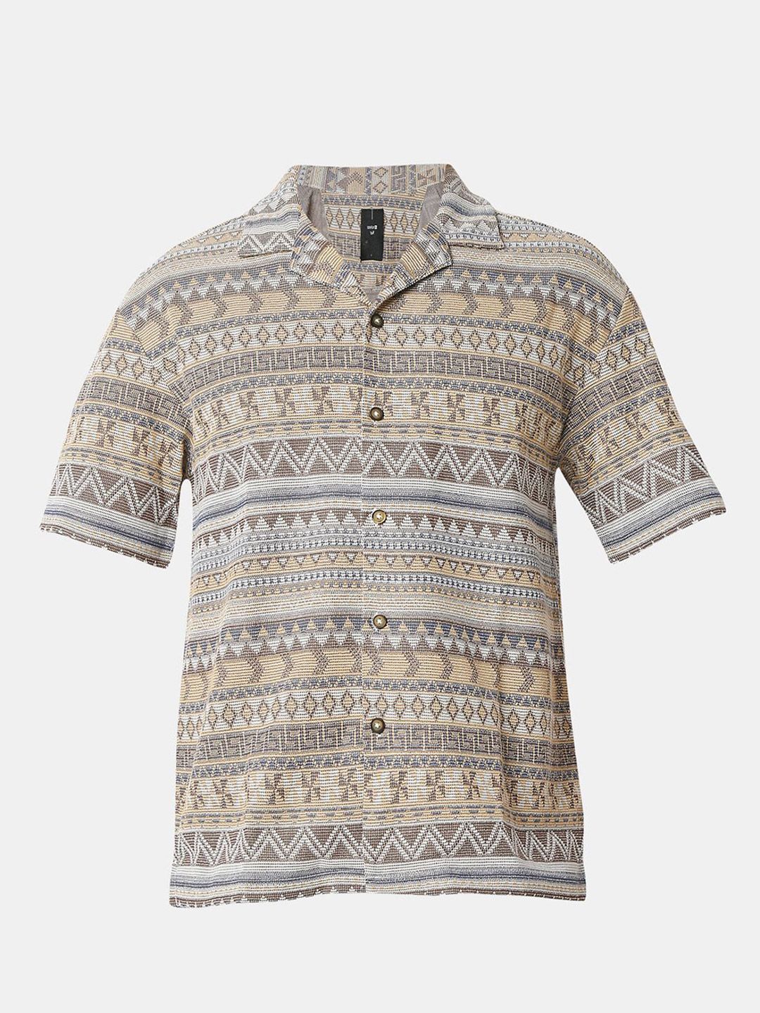 SPYKAR Men Relaxed Fit Cuban Collar Geometric Printed Cotton Casual Shirt