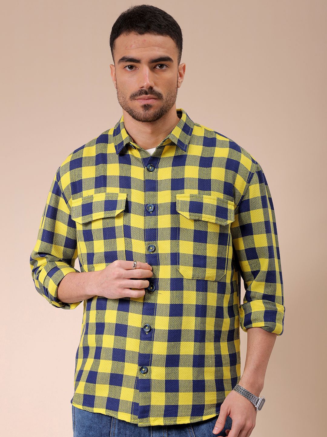 The Indian Garage Co Men Relaxed Fit Checked Dobby Textured Resortwear Shirt
