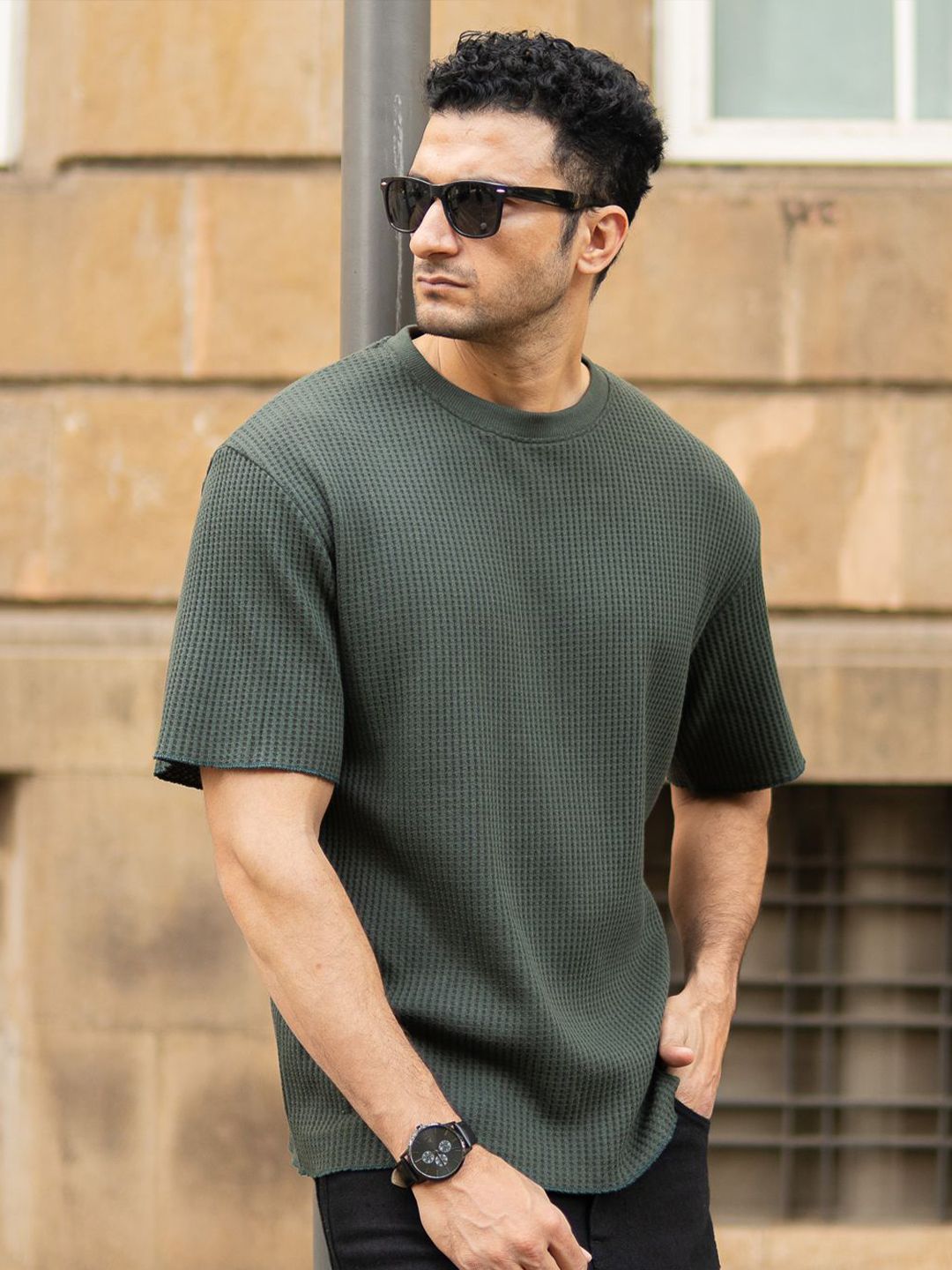 Powerlook Men Self Design Round Neck Oversized T-shirt