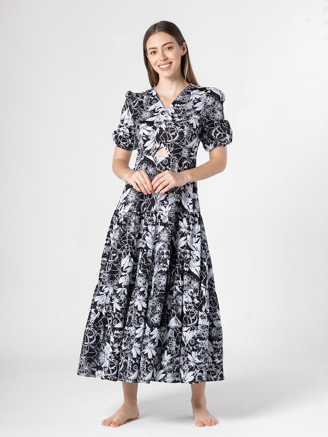 Sanskrutihomes Wanita Fit & Flare Puff Lengan Midi Dress