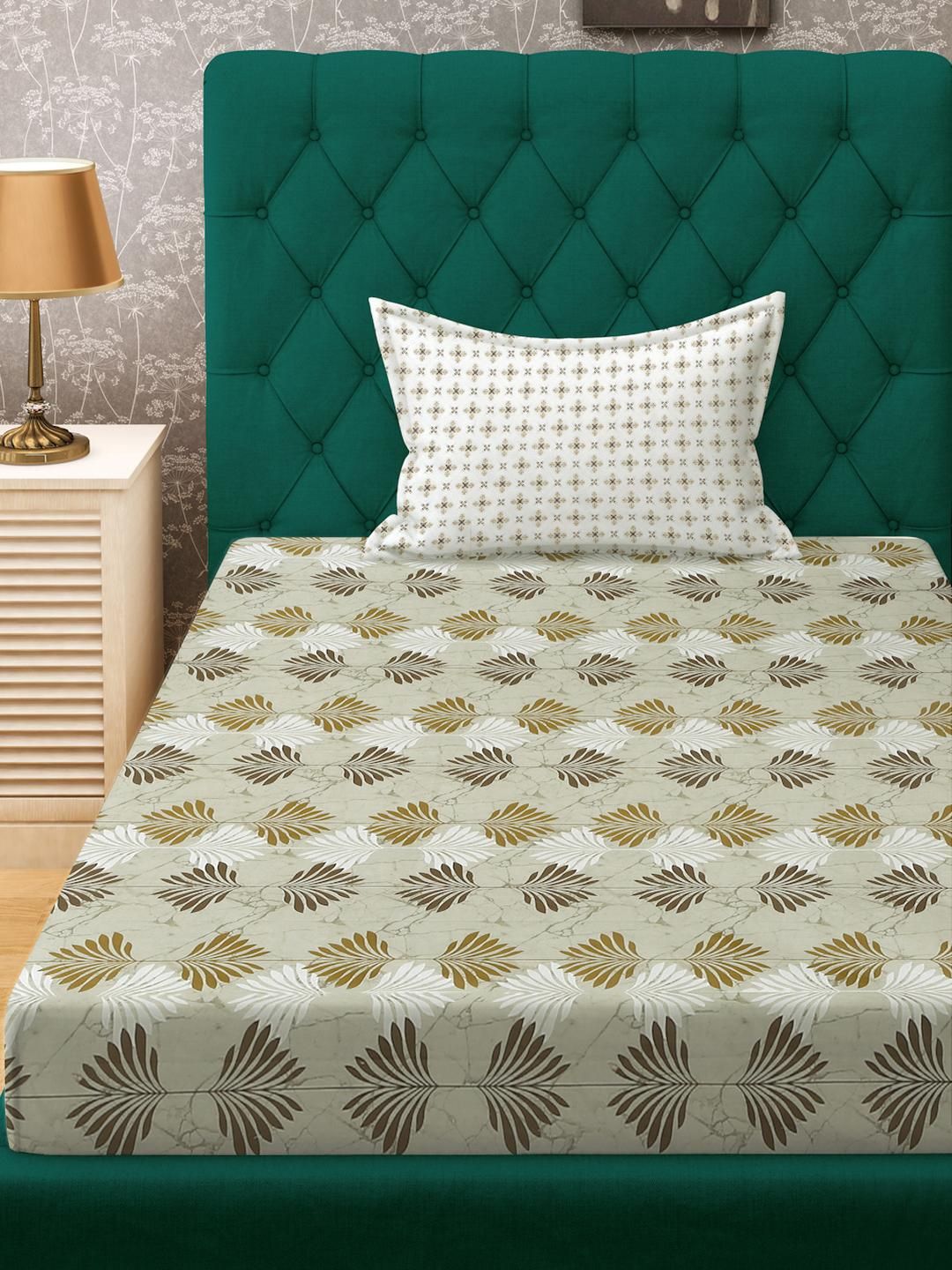 KLOTTHE Olive Floral Cotton Single Bedsheets