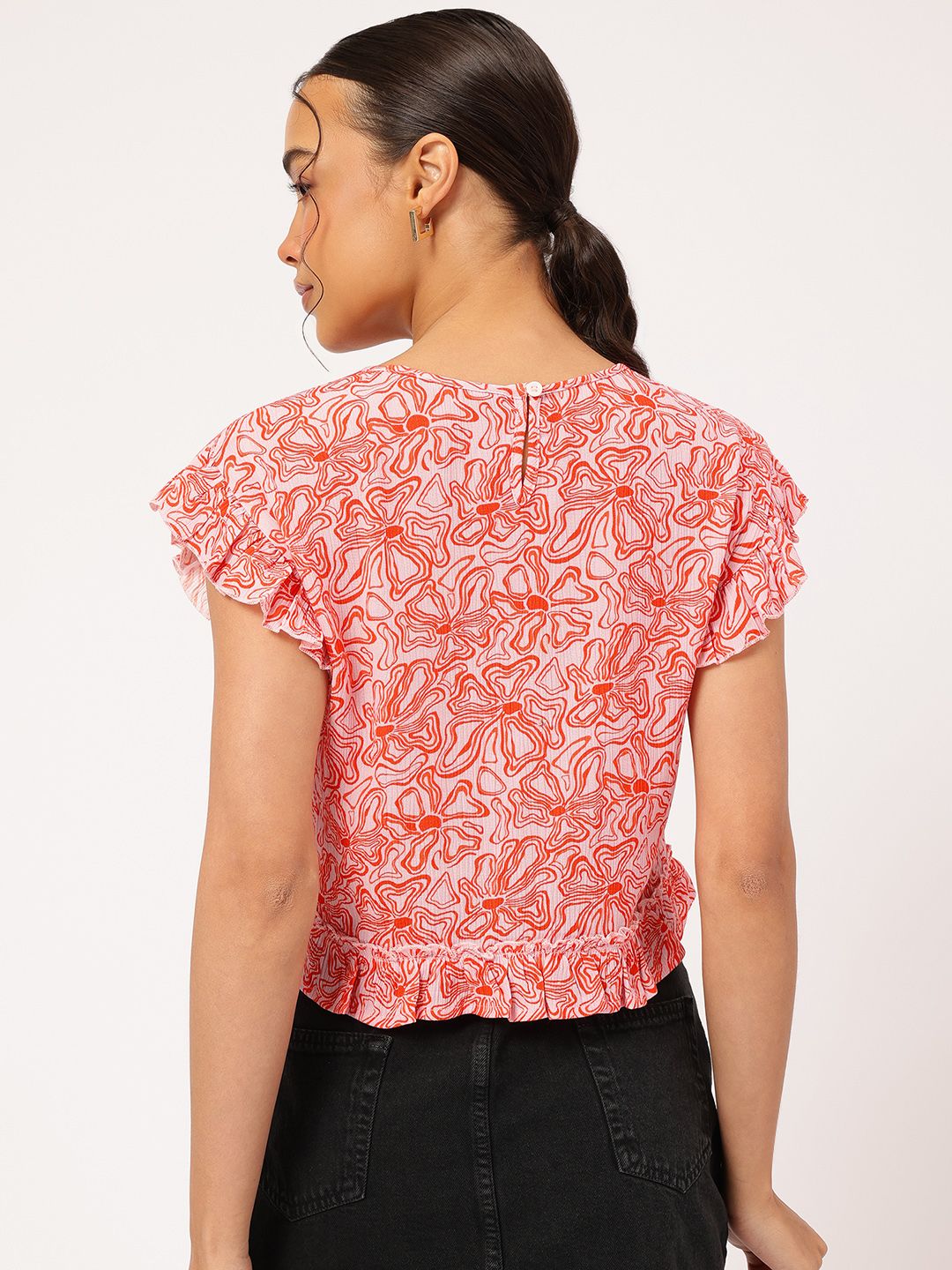 DressBerry Citrus Moment Flutter Sleeve Ruffled Floral Print Top