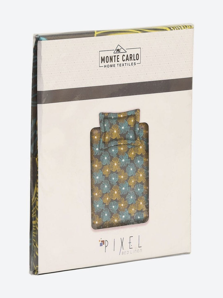 Monte Carlo Pixel Grey & Yellow Floral Printed 120 TC Single Bedsheet Set 1.52 m x 2.30 m