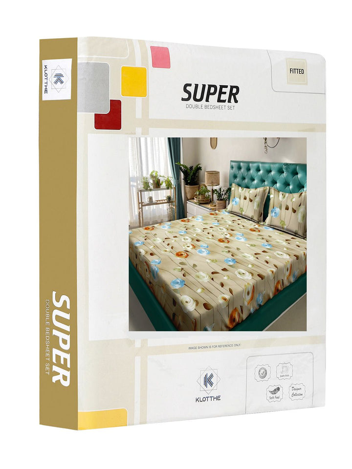 KLOTTHE Beige Floral Printed Fitted 300 TC King 7D Bedsheet With 2 Pillow Cover