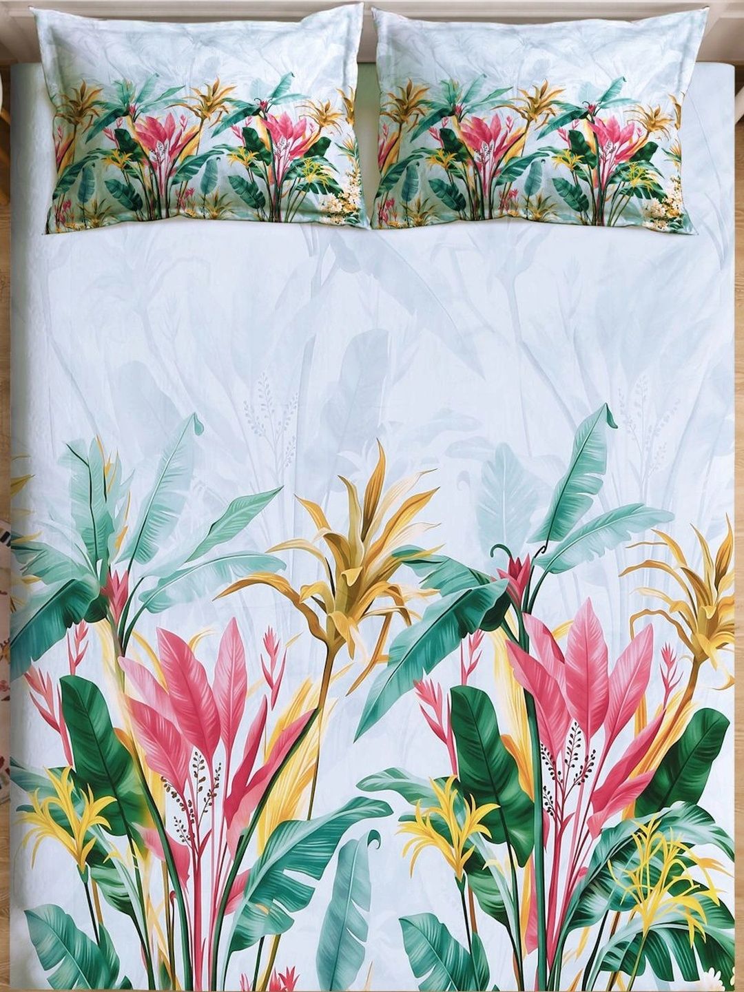 KLOTTHE Blue Floral Printed Flat 400 TC King 7D Bedsheet with 2 Pillow Covers