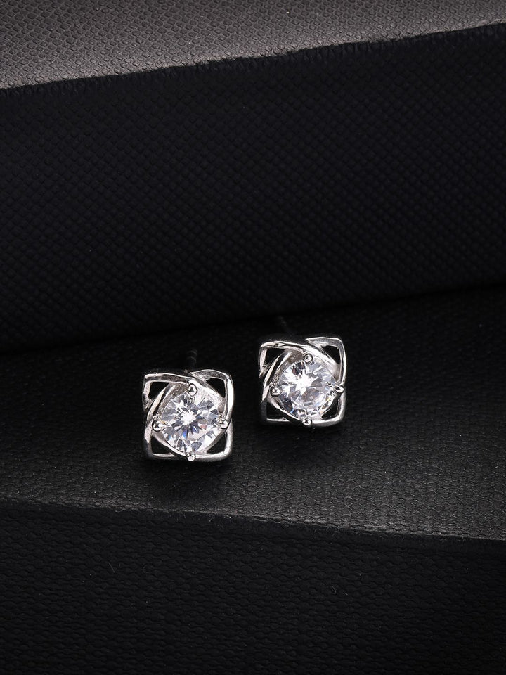 PANASH 925 Sterling Silver Rhodium-Plated Solitaire CZ-Studded Classic Studs