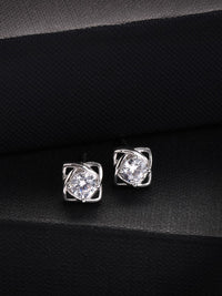PANASH 925 Sterling Silver Rhodium-Plated Solitaire CZ-Studded Classic Studs