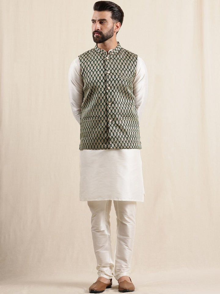 Anouk Men's Silk Blend Cream Kurta Pyjama With Woven Design Green Nehru Jacket