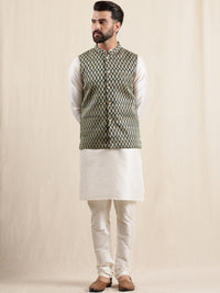Anouk Men's Silk Blend Cream Kurta Pyjama With Woven Design Green Nehru Jacket