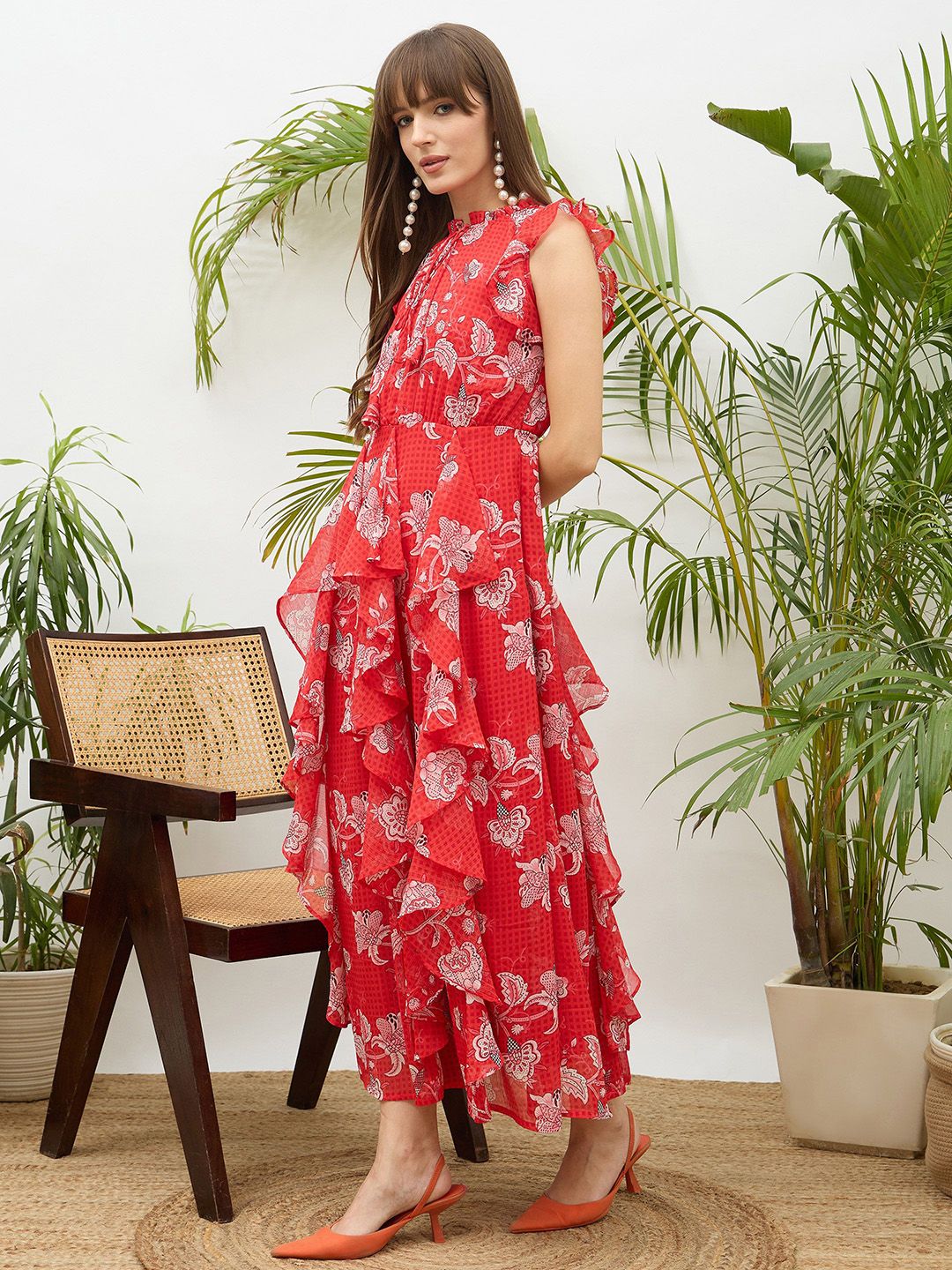 SASSAFRAS Floral Printed Flared Sleeves Ruffled Fit & Flare Maxi Dress