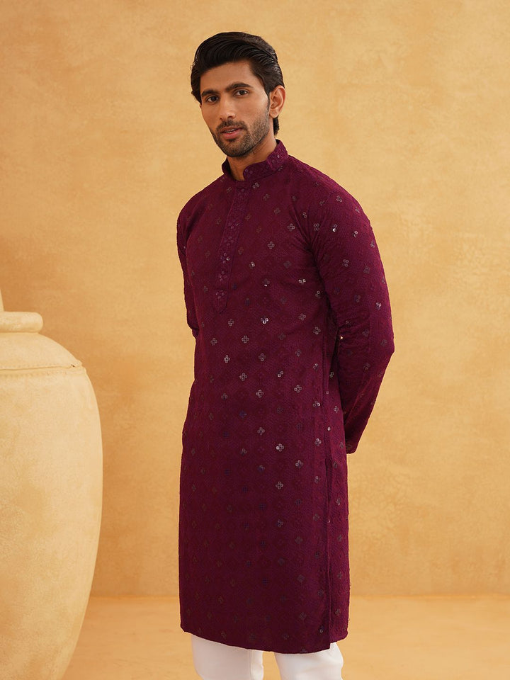 SOJANYA Geometric Embroidered Sequinned Mandarin Collar Pure Cotton Straight Kurta