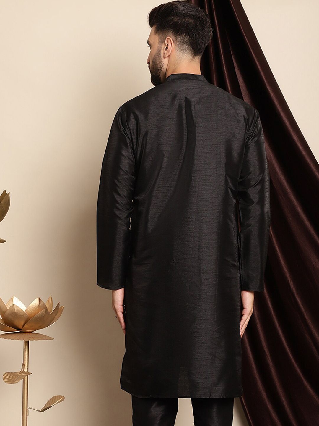 Anouk Band Collar Dupion Silk Straight Silk Cotton Regular Kurta