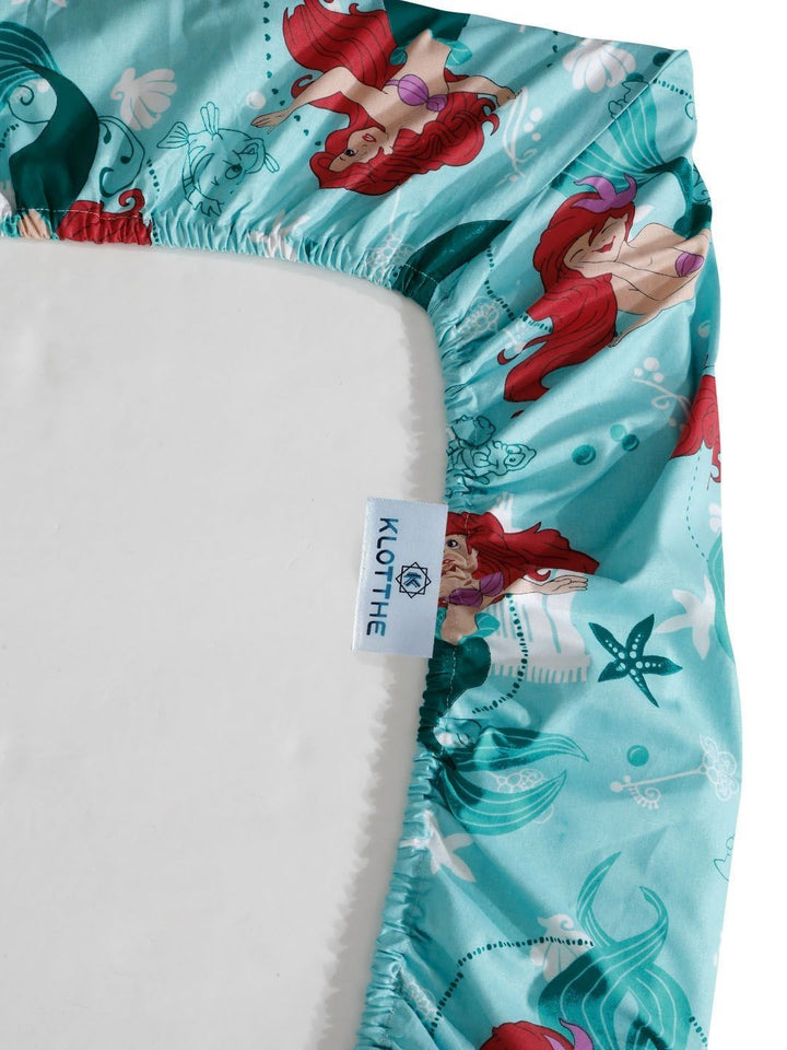 KLOTTHE Turquoise Blue Printed 400 TC Pure Cotton Fitted Double King Bedsheet Set