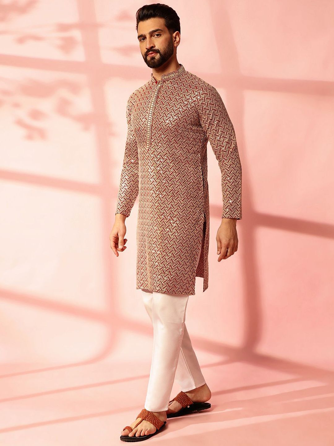 Anouk Geometric Embroidered Sequinned Cotton Straight Kurta