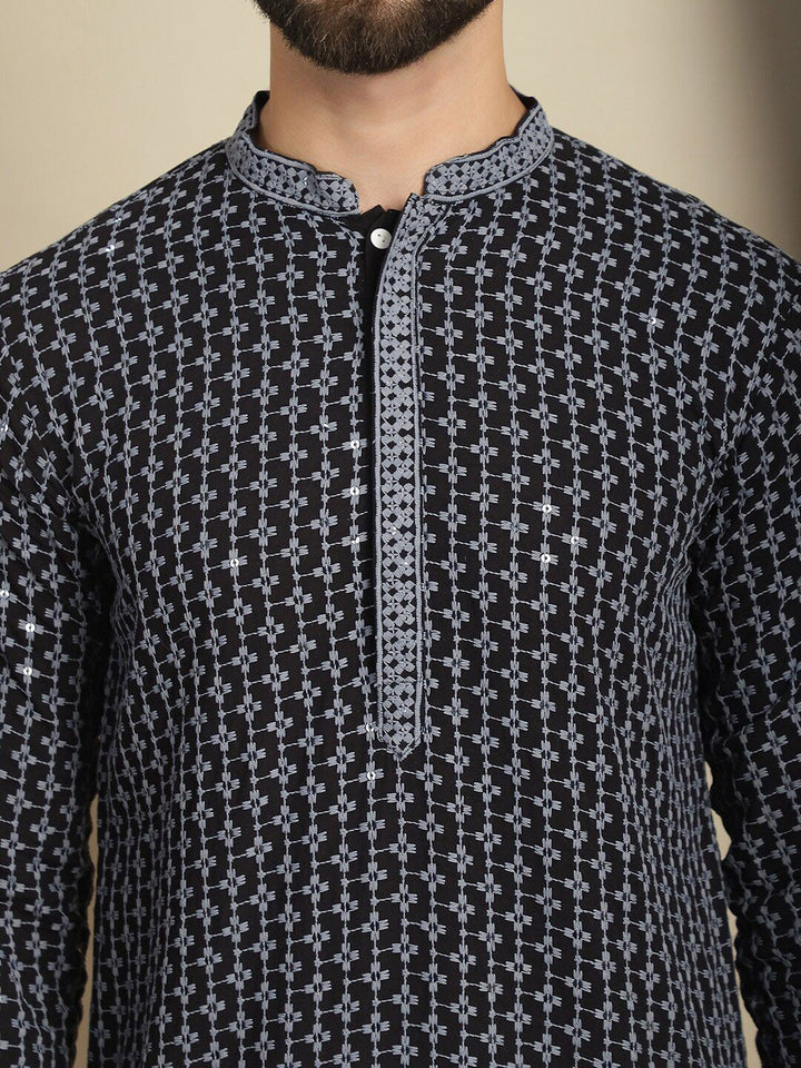 Anouk Floral Woven Design Mandarin Collar Thread Work Cotton Kurta