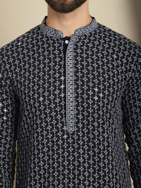 Anouk Floral Woven Design Mandarin Collar Thread Work Cotton Kurta