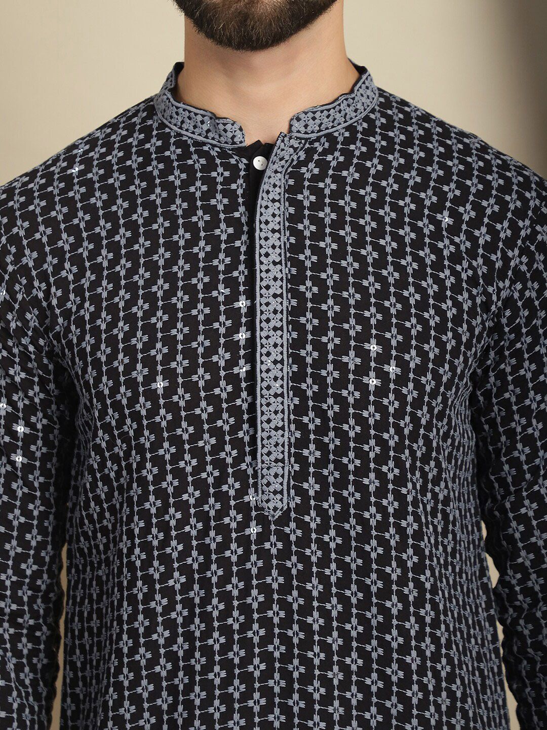 Anouk Floral Woven Design Mandarin Collar Thread Work Cotton Kurta