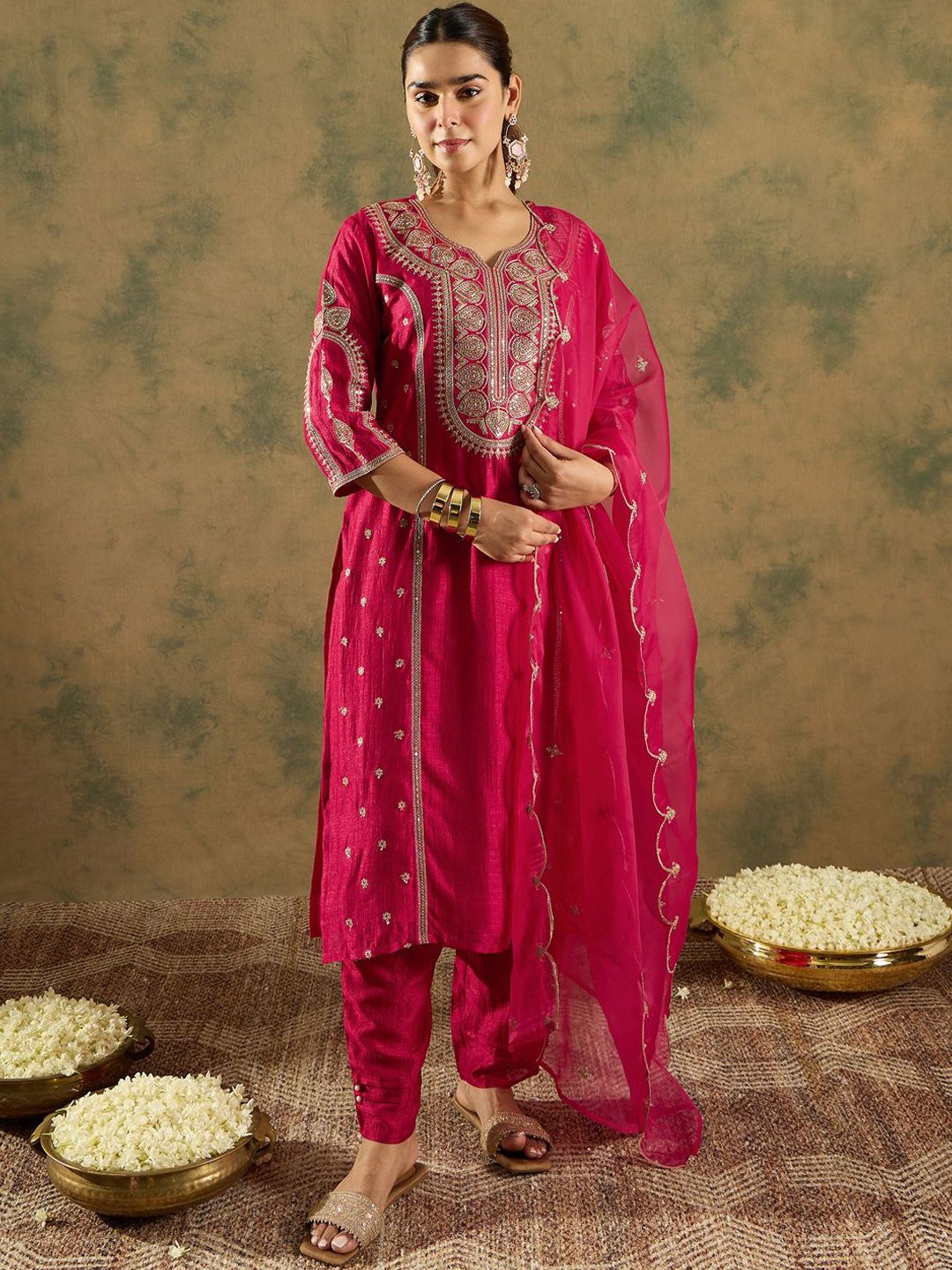 Indo Era Ethnic Motifs Embroidered Panelled A-Line Kurta with Trousers & Dupatta