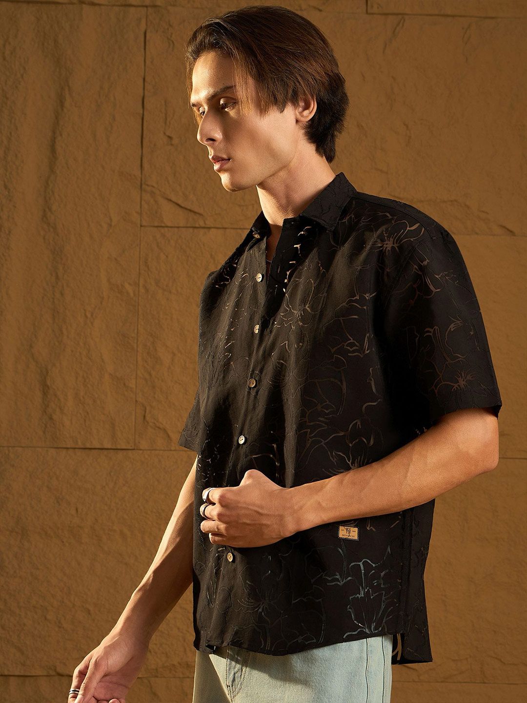 Dennison Men Floral Printed Drop Shoulder Semi Sheer Oversized Shirt