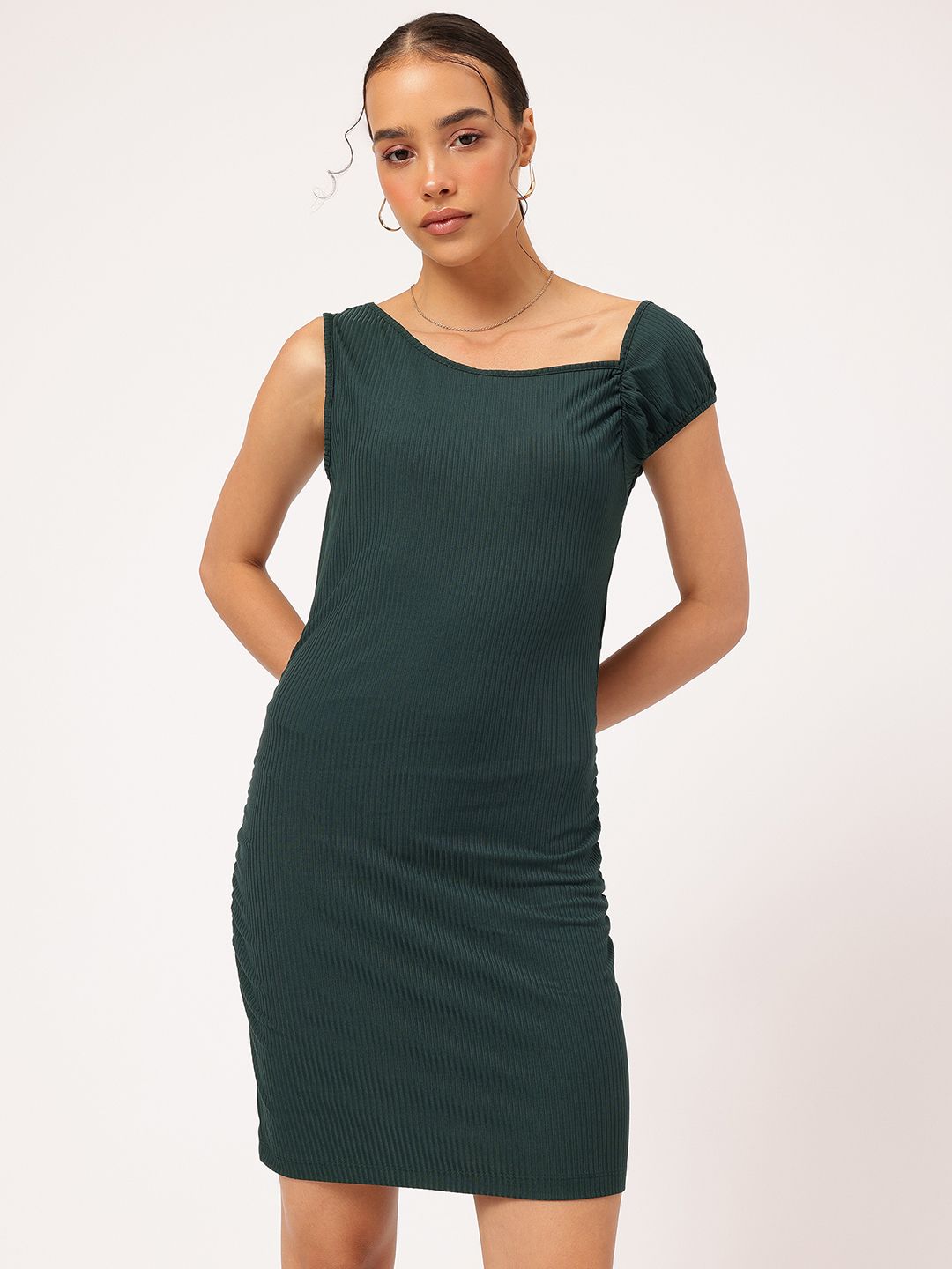 DressBerry Edgy Elegance Asymmetric Neck Ribbed Bodycon Mini Dress