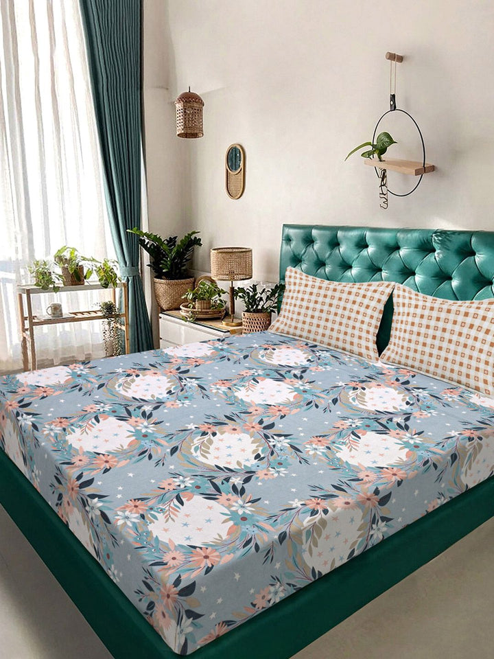 Aura Blue & White Floral Printed Set Cadar King 300 TC 2.5 m x 2.25 m