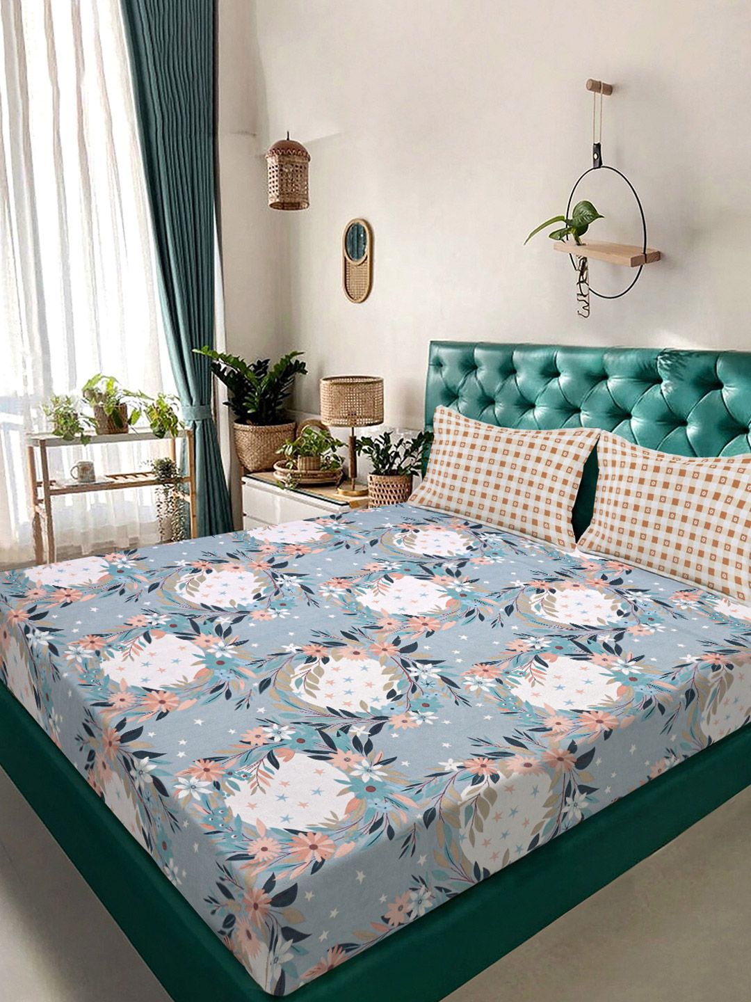 Aura Blue & White Floral Printed Set Cadar King 300 TC 2.5 m x 2.25 m