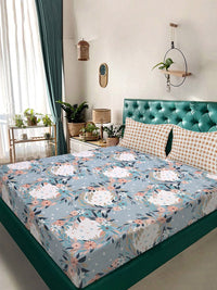 Aura Blue & White Floral Printed Set Cadar King 300 TC 2.5 m x 2.25 m