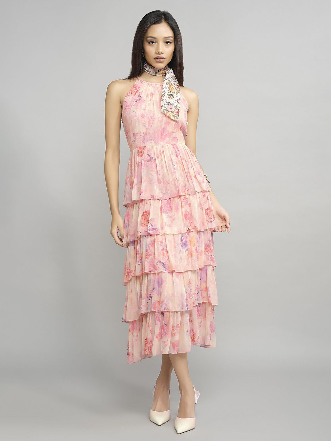 AND Floral Printed Halter Neck Layered Fit & Flare Midi Dress